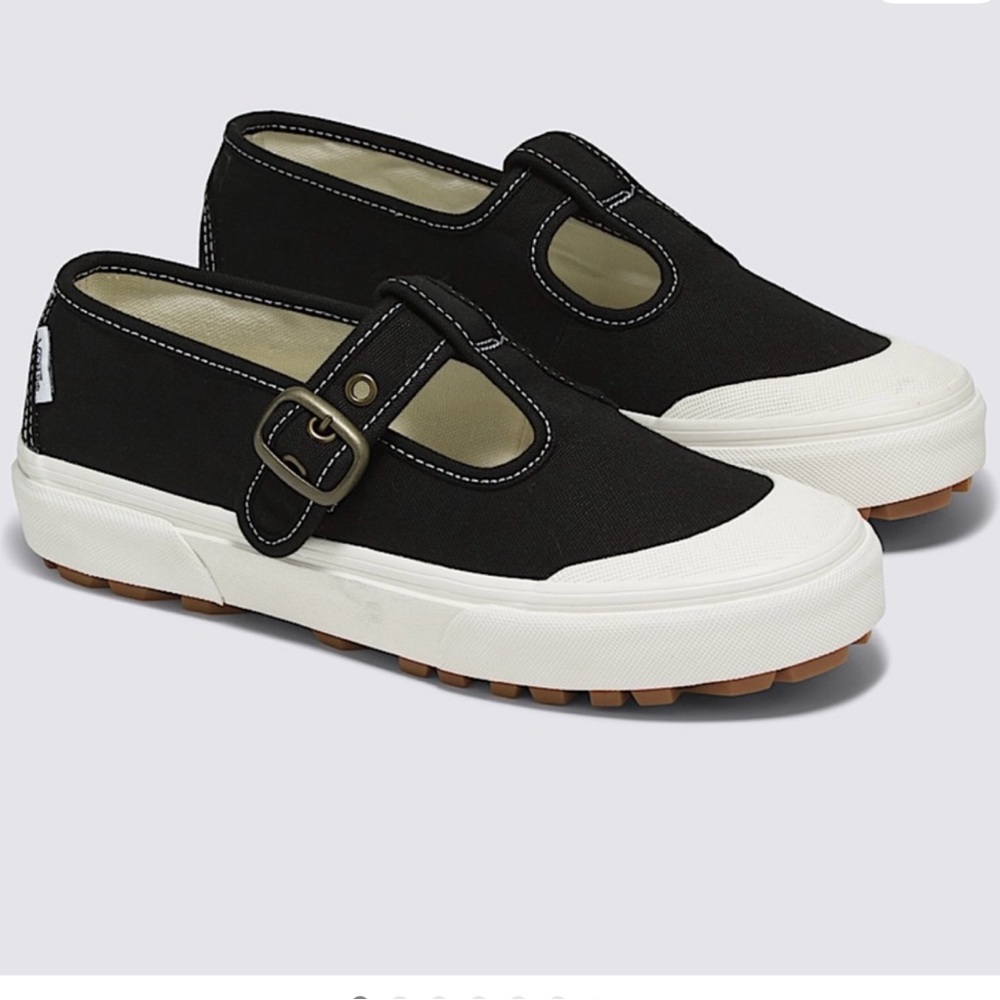 Vans Black and White Mary Jane Buckle Canvas Sneakers